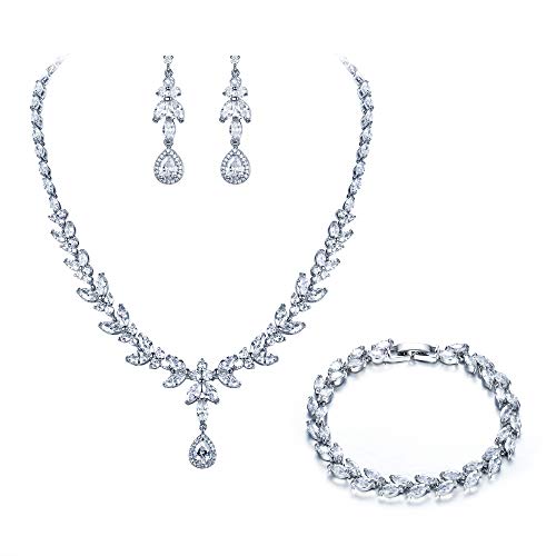 EleQueen Women's Bridal Jewelry Sets, Silver Tone Cubic Zirconia Marquise Teardrop Necklace Dangle Earrings Bracelet Set for Wedding Bride