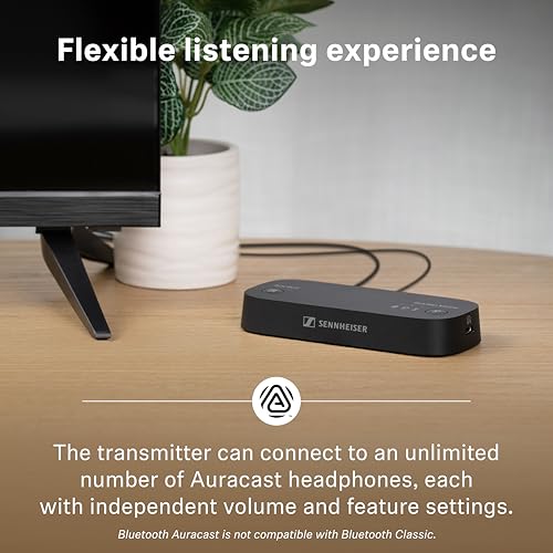 Image of Sennheiser BTA1 TV Transmitter for Bluetooth Auracast Wireless Headphones - Built-in Virtual Surround Sound and Speech Clarity Modes, HDMI, Optical, Analog Connections, up to 50-Meter Wireless Range