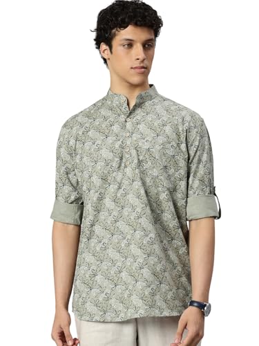 Image of Majestic Man Men's Pure Cotton Printed Mandarin Collar Regular Fit Roll-Up Sleeves Short Kurta