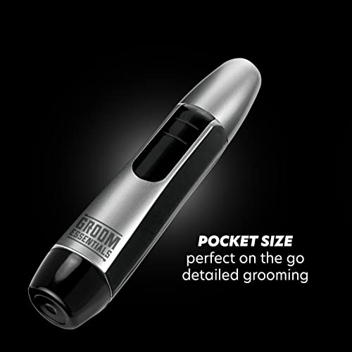 Groom Essentials Ear And Nose Hair Trimmer For Men, Travel Size Battery-Operated Beard Trimmer, Ergonomic Design & Rotary Blade For Painless Trim, Pocket-Size, Brush & Cap Included, Grooming On The Go #TOP5