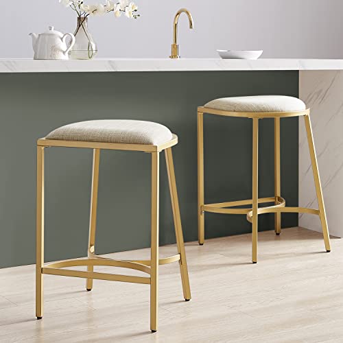Juego de 2 butacos para barra de altura intermedia Crosley Furniture Ellery tapizados en lino color avena/dorado miniatura 2