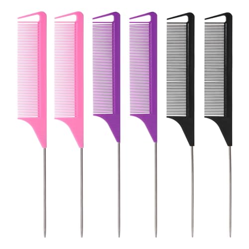 Fgail 6PCS Rat Tail Comb, Parting Combs for Braiding Hair Women/Wen, Metal Fine Tooth Combs for Highlighting and Parting(Purple, Black, Pink)