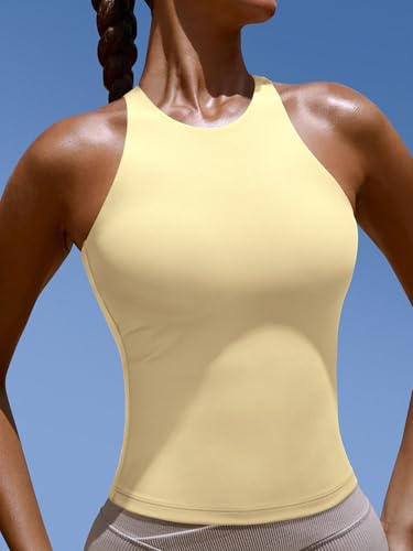 Image of LASLULU Womens High Neck Workout Tank Tops with Built in Bra Strappy Back | Low to Medium Impact,Longline Halter Neck Sports Bra,Fitted Compression,Padded Athletic Yoga Running Gym Pilates Tank Tops