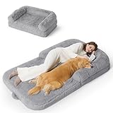 Bedsure Foldable Human Dog Bed -Giant Dog Bed for Adult People with Supportive Bolster Egg Foam, Waterproof Liner, Calming Fluffy Faux Fur Orthopedic Big Bean Bed, Light Grey