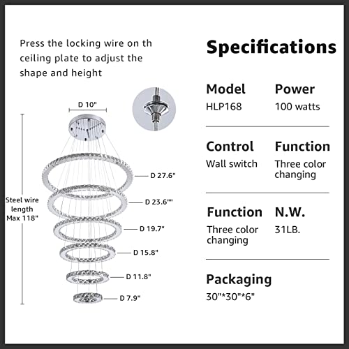 Moooni Modern Six Ring Crystal Chandelier Lighting Galaxy Series 3-Color Changing Led Light Fixture Diy Design For Dining Room Foyer High Ceilings (7.9"-11.8"-15.8"-19.7"-23.6"-27.6" #TOP4
