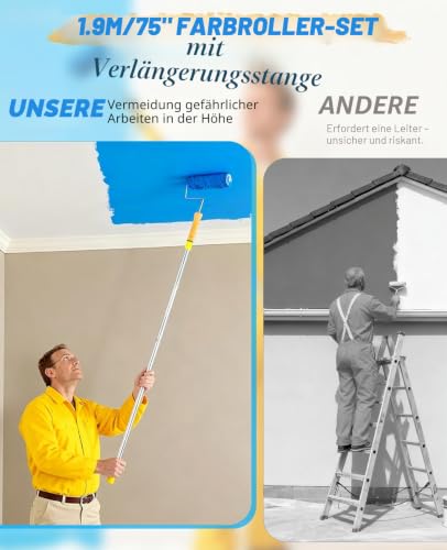 Lapluied 1.9M Malerset Farbroller mit Teleskopstange 17 Stück Farbroller mit Tank Farbroller Set 23cm&10cm Malerrolle Klein&Groß Paint Roller Farbwanne für Wände & Decken Büro Haus Schule