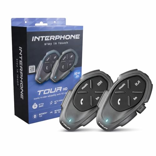INTERPHONE TOUR HD - Doppio - Interfono Casco Moto Auricolari Stereo Alta Fedeltà 40mm, 4 Motociclisti, Distanza 1.5 Km, Autonomia 25 Ore, Fast Charge, TFT, Impermeabile IPX67