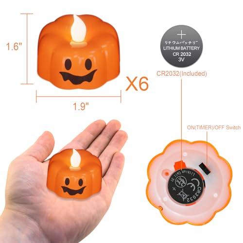 Image of Halloween Flameless Candles with 6H Timer, Pumpkin Tea Lights with Ghost Face Flickering, LED Candles Battery Operated Fall Decor 6 Pack Φ 1.9 inch H 1.6 inch for Halloween Decorations