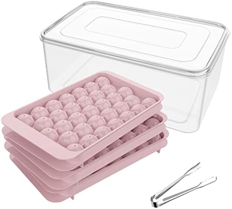 Mini Ice Cube Tray Balls,Round Ice Ball Maker Mold for Freezer,Sphere Ice Cube Tray Making 1In X 99PCS Circle Ice Chilling Cocktail Whiskey Tea Coffee(3Pack Pink Ice trays & Ice Bin & Ice tong)