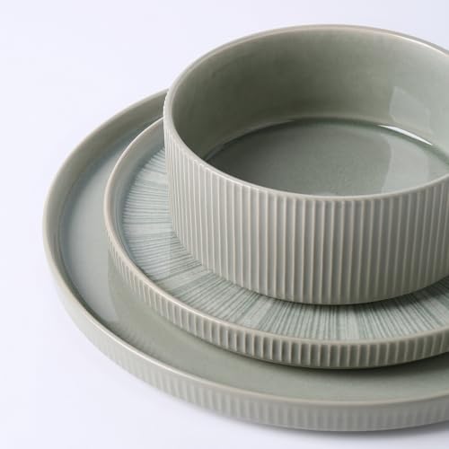 Image of Dinnerware Sets, Ceramic Plates and Bowls Set 18 Piece Dinnerware for 6 Chip Resistant Stoneware with Advanced Inkjet Printing Technology, Dishwasher and Microwave Safe-Sage Green