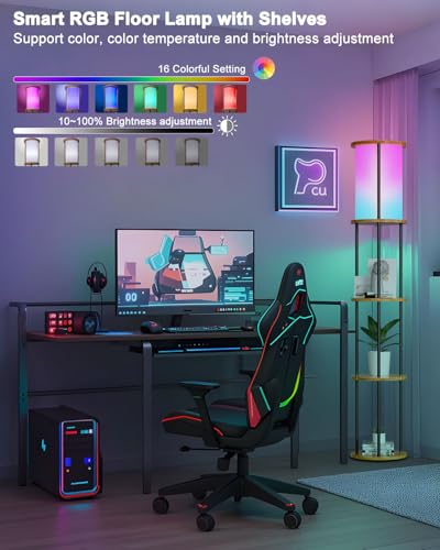 Image of Lightdot 61 inch RGB Floor Lamp with Shelves, 3-Tier Storage Smart Remote Control Standing Lamp with Fabric Shade, Bulb Included, Dimmable Floor Lamps for Living Room /Sofa Beside /Corner Decor (Black)