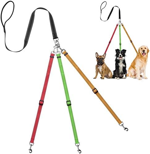 Heavy Duty Tangle Free 3/Three Way Dog Coupler Leash with Padded Handle,Reflective Triple Braid Split Lease Pet Leash for Walking 3/2/1 Medium Large Dogs Training (Muticolor)