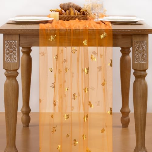 Image of Fall Maple Leaf Table Runner Orange Sheer Gauze Foil Table Runner, 6PC