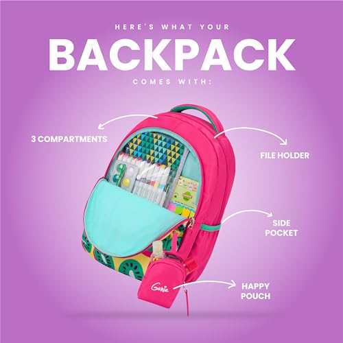 Image of Genie Fruity Kids s, 15 inch Cute, Colourful Bags for Girls, Water Resistant and Lightweight, 3 Compartment with Happy Pouch, 20 Liters, Nylon Twill, Pink School Backpack