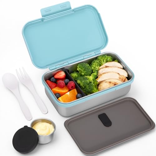 Image of JSLOVE Stainless Steel Lunch Bento Box for Adult, 30oz Leak-Proof Lunch Container, Stainless Metal Kid Bento Box with Adjustable Divider, Sauce Container, Microwave, Dishwasher & Freezer Safe(Blue)