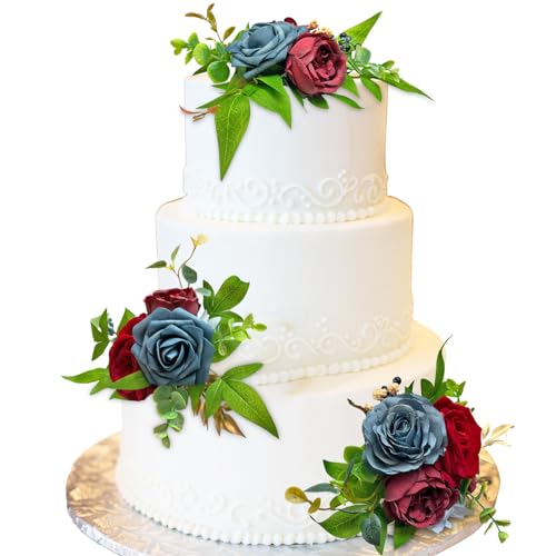 CherishedMoments 3Pcs Cake Topper Set, Wedding Artificial Flowers Decor Burgundy