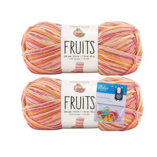 Image of Premier Yarns Fruits, Acrylic Sock Yarn, 2-Pack Bundled with Bella's Crafts Stitch Markers (Pink Grapefruit)