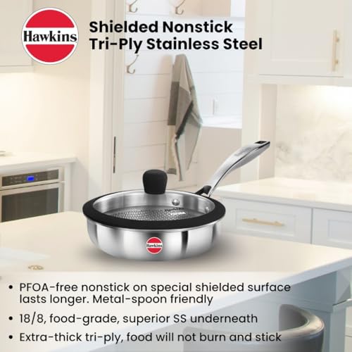 Hawkins 18 cm Triply Stainless Steel Pro Frying Pan | Induction & Gas Compatible | No Burning | Even Heating | with Glass Lid | Silver (PSNF18G)|Induction and Gas Stove Compatible view 2