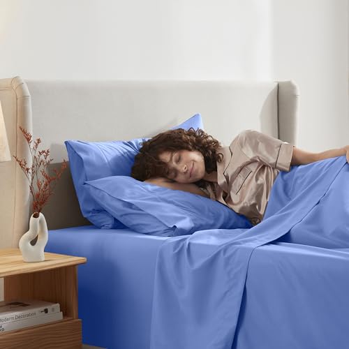 Image of Nestl Split King Bed Sheet Set - Calm Blue - 5-Piece Deep Pocket | Instantly Soft, Night-One Ready (No Wash Required). Fits 16-Inch Deep Pockets, 360-Degree Elastic Grip