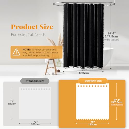 BTTN Extra Long Shower Curtain, 96 Inch Boho Rustic Striped Fabric Shower Curtain Set with Tassel, Water Repellent, Tall Chic Farmhouse Shower Curtain for Bathroom with Hooks, 72x96, Black and White by BTTN - Image 3