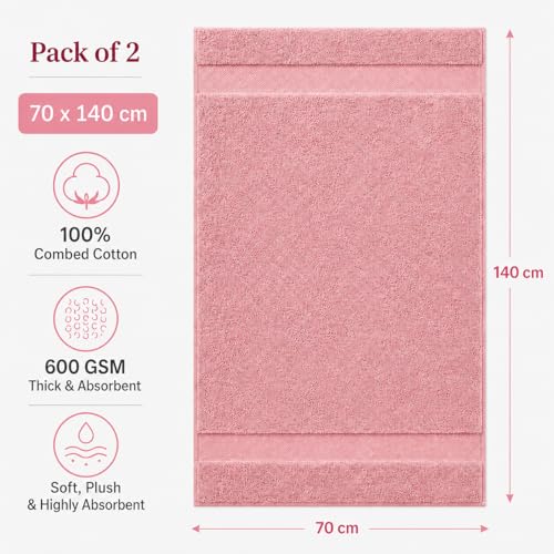 Image of Sulfar 100% Combed Cotton, Quick Drying Highly Absorbent Thick Bathroom Towels, Luxury Bath Towel Set (Pack of 2, 70 X 140 cm) - 600 GSM (Basic Pink)