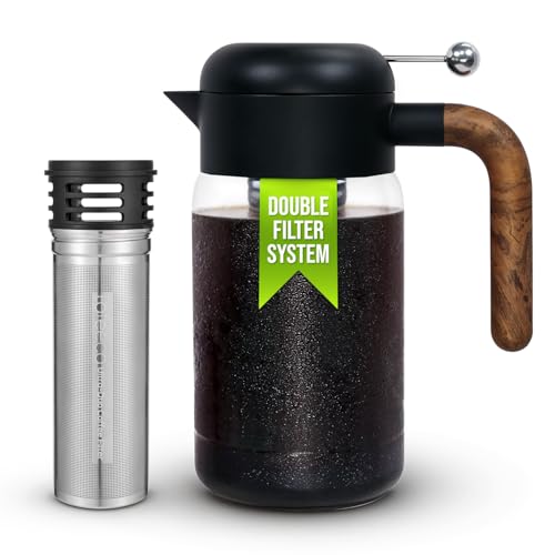 LAFEECA Cold Brew Coffee Maker - Iced Tea Brewer with Airtight Lid - Stainless Dual Ultra Filter - Tritan Pitcher - 1500 ml / 51 oz - Black