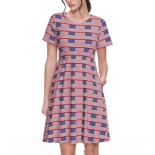 Robe d'été drapeau américain à manches courtes pour femme voyage estival décontracté