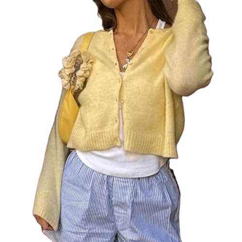 Image of Muineobuka Women Knit Cropped Cardigan Tops Long Sleeve Button Down Lightweight Bolero Sweater Tops Yellow, Large