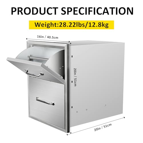 Image of Outdoor Kitchen Drawers with Paper Towel Holder 16 inch W x 20 inch H x 20 inch D Flush Mount BBQ Drawers with Chrome Handle,Stainless Steel Built-in Double Access Drawers for Outdoor Kitchen Island