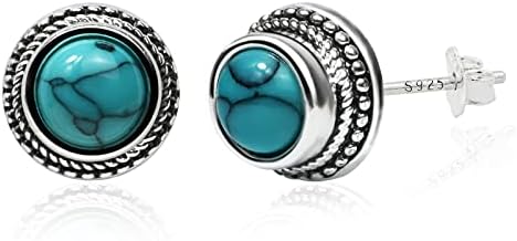 Tibetan Turquoise Earrings 8mm Round 925 Sterling Silver Post Stud Earrings Gemstone Earring Hypoallergenic Handmade Earrings for Women Trendy Fashion
