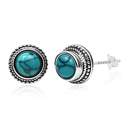 Tibetan Turquoise Earrings 8mm Round 925 Sterling Silver Post Sutd Earrings Gemstone Earring Hypoallergenic Handmade Earrings for Women Trendy Fashion