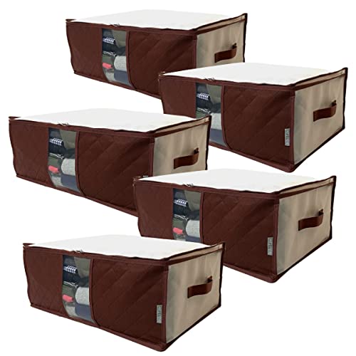 イニコライフ 収納ケース 衣類 5枚組 収納ボックス 衣装ケース 押入れ クローゼット ベッド下 用 洋服 収納袋 通気性に不織布製 活性炭シート入 上部ファスナー式で出し入れカンタン 持ち手 クリア窓付で持ち運びもしやすい 衣類や小物を通気性良くスッキリ収納 使わない時は小さく畳めて便利 日本メーカー企画