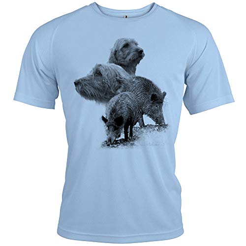 T-shirt personalizzata con il motivo di selvaggina a pelo cinghiale e bassotto griffone venduto. 100% poliestere di qualità traspirante ideale per la caccia.