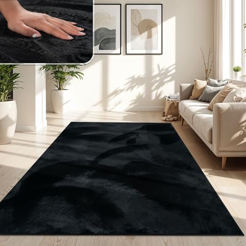 TT Home Alfombra De Pelo Largo para Salón, Lavable, Shaggy Suave, En Negro, Tamaño:160x220 cm