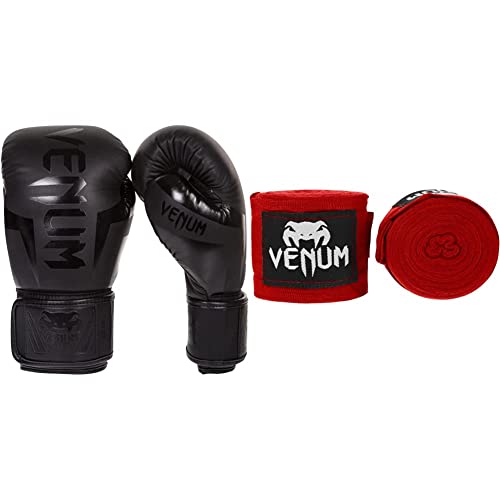 Guantes de boxeo Venum Elite unisex adulto de 12 oz negro mate con vendas de boxeo