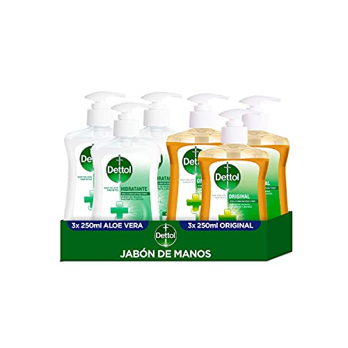 Dettol Pack Jabón de Manos Higienizante Aloe Vera Hidratante 3x250 ml + Original Suave con la Piel 3x250 ml – 6 unidades