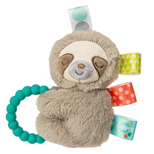 Taggies Sensory Stuffed Animal Soft Rattle with Teether Ring, Molasses Sloth