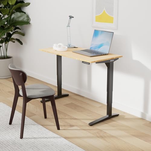 Image of UPLIFTDESK Bamboo (60 x 30 inch) Standing Desk 2-Leg V3 Adjustable Stand Up C-Frame (Black), Advanced Keypad, Wire Grommets, Wire Tray, Rocker Board