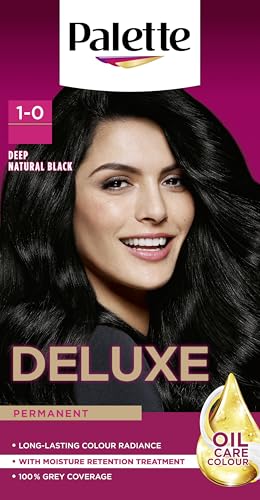 Palette Deluxe Creme Colouration 1-0 Deep Natural Black Hair Dye Permanent Hair Dye Long-Lasting Hair Colouring with Moisture Retention Treatment and 100% Grey Coverage