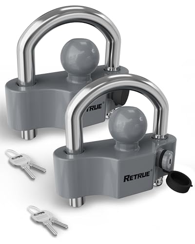 Image of RETRUE Universal Coupler Lock Trailer Locks Ball Hitch Trailer Hitch Lock Adjustable Security Heavy-Duty Steel Fits 1-7 /8 Inch, 2 Inch, 2-5 /16 Inch Couplers (Gray & Silver, Pack of 2)