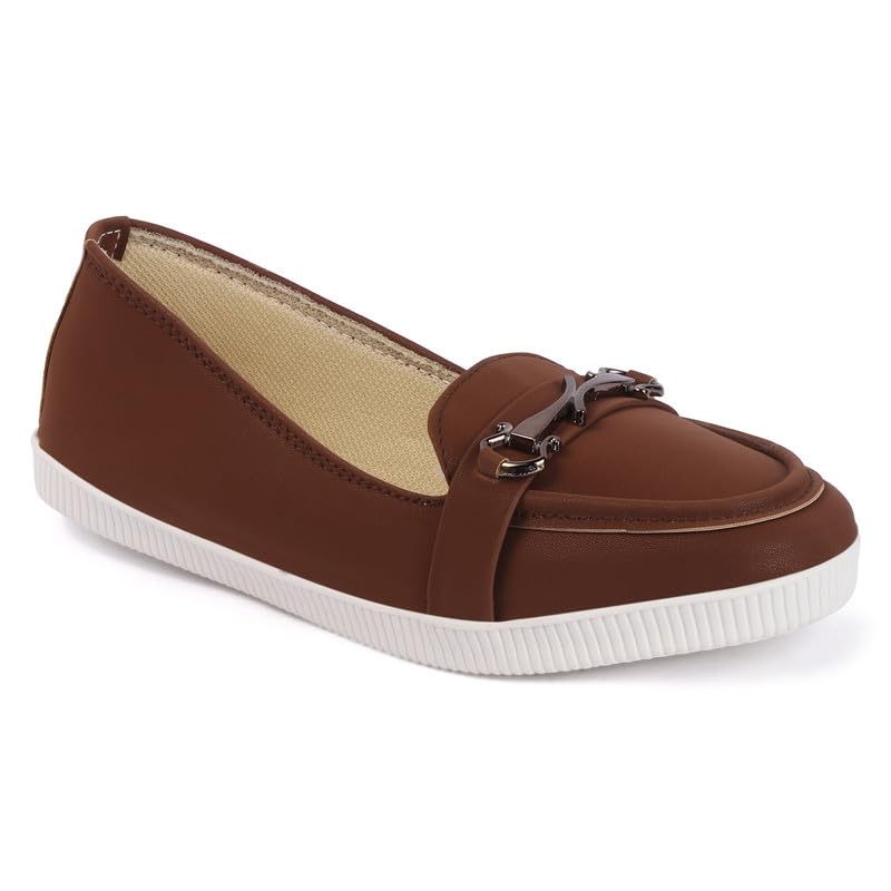 dipyo Loafers for Women - All-Day Cushioning, Durable TPR Sole | Synthetic Upper with TPR Sole | Flat, Slip-On | Round Toe | Womens Loafer Shoes | Anti-Skid Textured Base (Beige, Brown)-picture-0