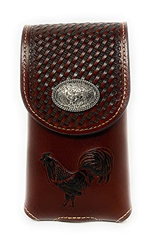 Western Cowboy Tooled Basketweave Leather Multi Emblem Concho Belt Loop Cellphone Holster Case in 2 Colors (Brown Rooster)