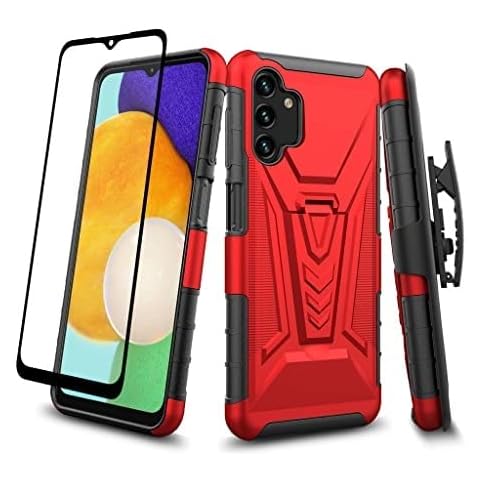 Galaxy Wireless Case for Samsung Galaxy A14 5G Case with Tempered Glass Screen Protector Hybrid Cover with Kickstand Phone Belt Clip Holster - Red Cover