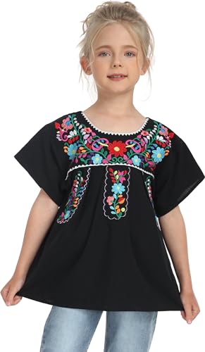 Image of YZXDORWJ Mexican Blouse for Girls Traditional Embroidered Summer Short Sleeve Peasant Blouse for Kids