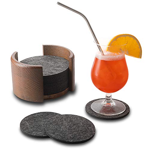 MP Produkt Premium Filz Untersetzer rund für Gläser - 10er Set Ink. Box aus Holz (Braun) - Design Glasuntersetzer in dunkelgrau für Getränke, Tassen, Bar, Glas - Tischuntersetzer Filzuntersetzer Cover