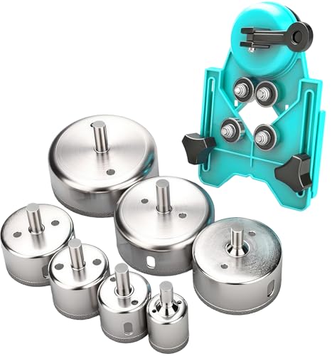 Hole Saw Set, 7Pcs Diamond Drill Bits with Hole Saw Guide Jig Fixture, 1-3.15 inch Coated Core Drill Bits, Adjustable Hole Saw Centering Locator Suction Holder for Glass,Ceramics,Tile