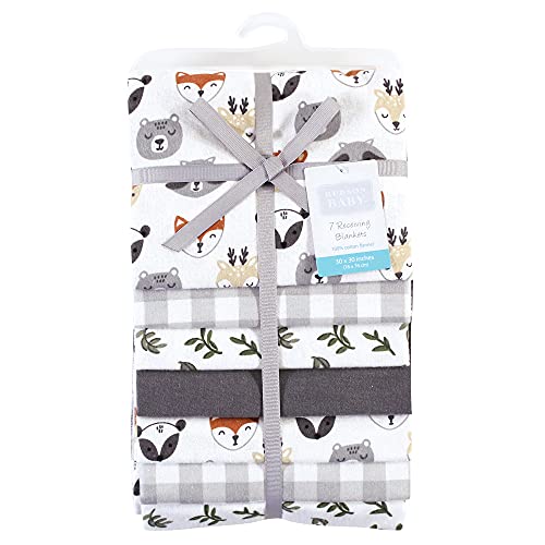 Image of Little Treasure Hudson Baby Cotton Poly Flannel Receiving Blankets Multipack, Grey Woodland Faces, 30x30 inches