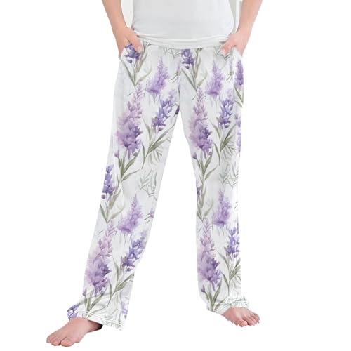 Purple Lavender Flower Long Pajama Pants Elastic Waist PJ Bottoms with Pockets S A110334