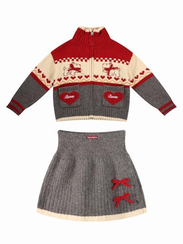 Image of Girls Christmas Outfit Skirt Set,Zip Cardigan Sweater with Skirt 2 Piece Outfit, Fall Clothes for Girls 6-16Y