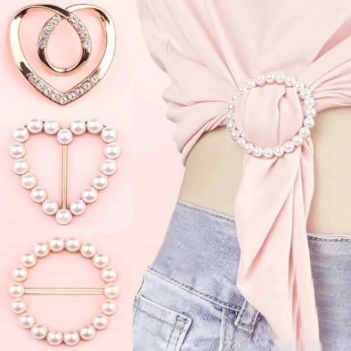 Image of 5pcs Scarf Ring Clip, Heart Pin-T-shirt Ties Clips, Clothes Corner Knotted Button for Women Fashion Metal Round Circle Shirt Buckle